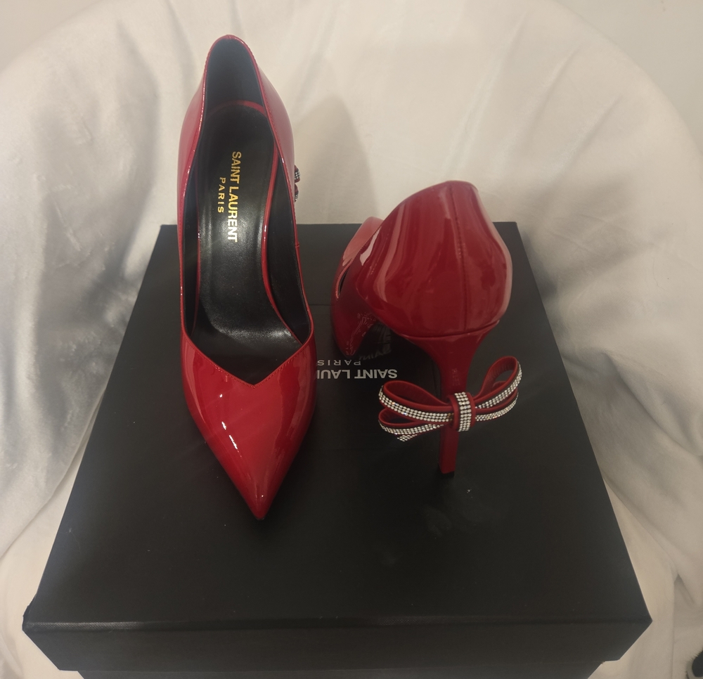 Saint Laurent Red Patent Pointed-Toe Pumps with Crystal Bow
